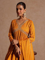 Janasya Women's Mustard Silk Blend Zari Yoke Embroidered A-line Kurta Set