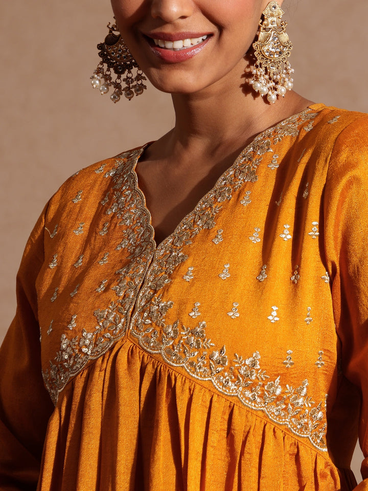 Janasya Women's Mustard Silk Blend Zari Yoke Embroidered A-line Kurta Set - qivii