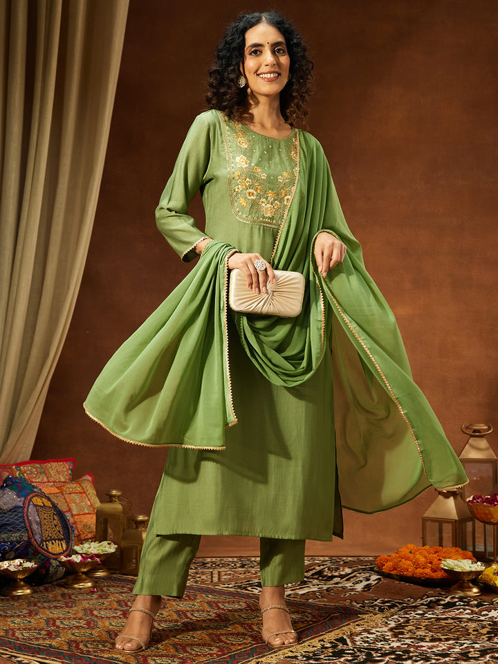Janasya Women's Sage Green Silk Blend Zari Yoke Embroidered Straight Kurta Set - qivii