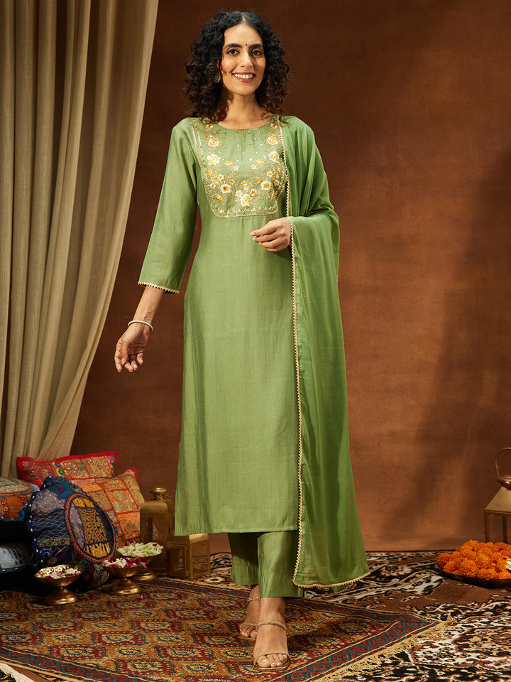 Janasya Women's Sage Green Silk Blend Zari Yoke Embroidered Straight Kurta Set - qivii