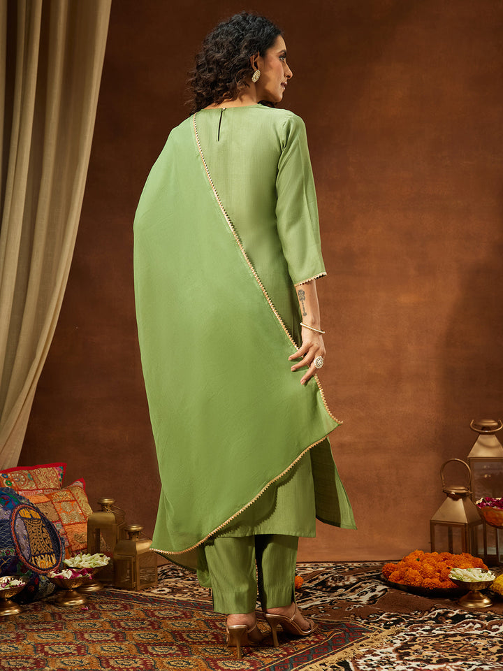 Janasya Women's Sage Green Silk Blend Zari Yoke Embroidered Straight Kurta Set - qivii