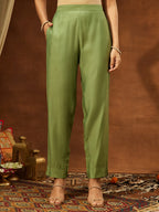 Janasya Women's Sage Green Silk Blend Zari Yoke Embroidered Straight Kurta Set