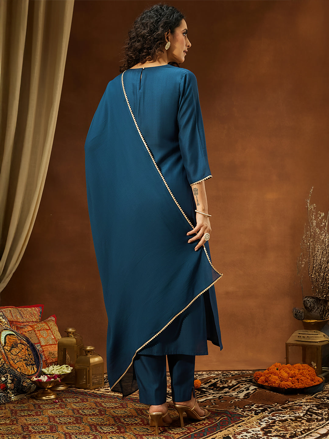 Janasya Women's Teal Blue Silk Blend Yoke Embroidered Straight Kurta Set