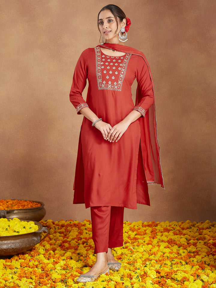 Janasya Women's Red Rayon Yoke Embroidered Straight Kurta Set - qivii