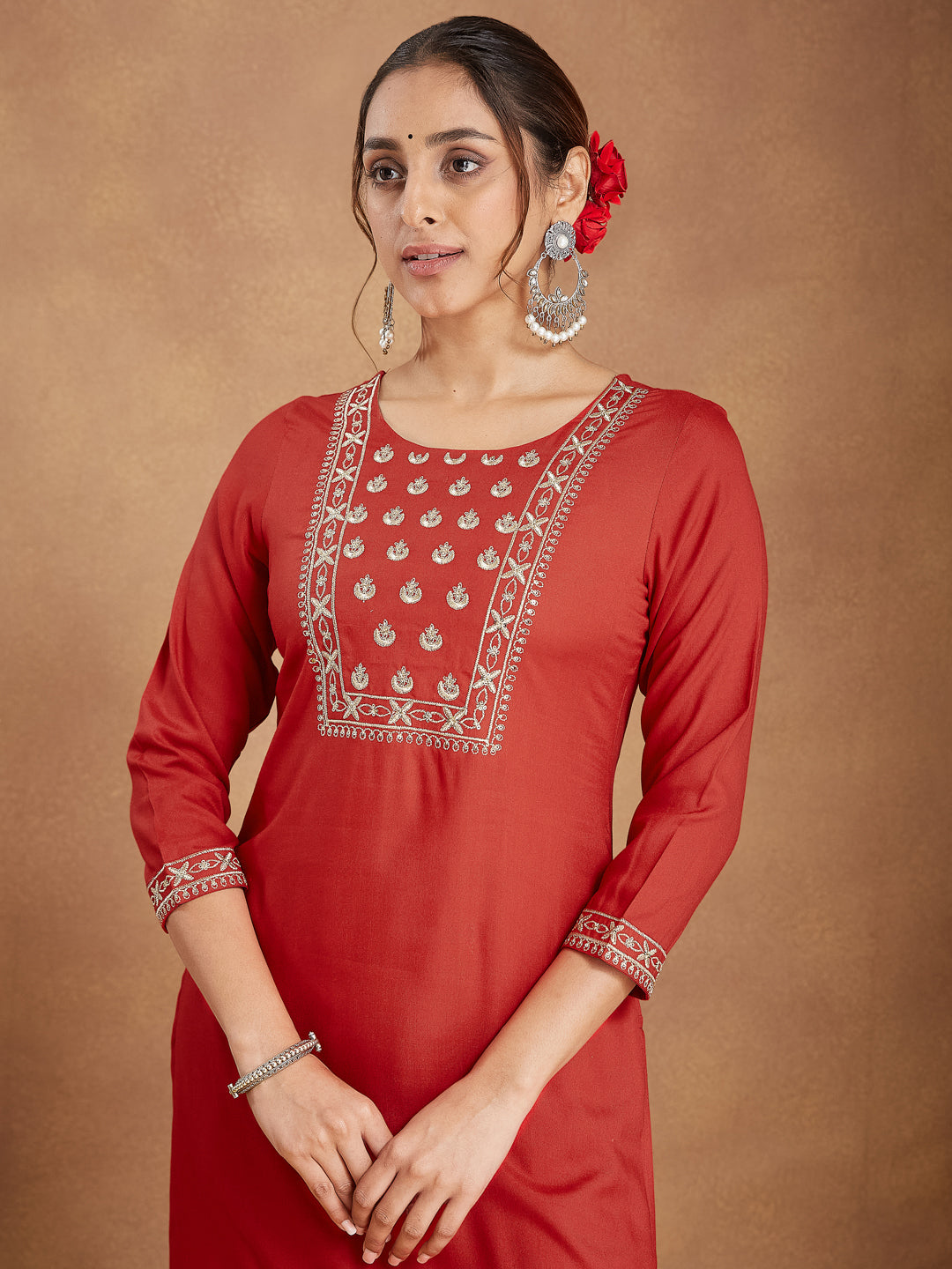 Janasya Women's Red Rayon Yoke Embroidered Straight Kurta Set
