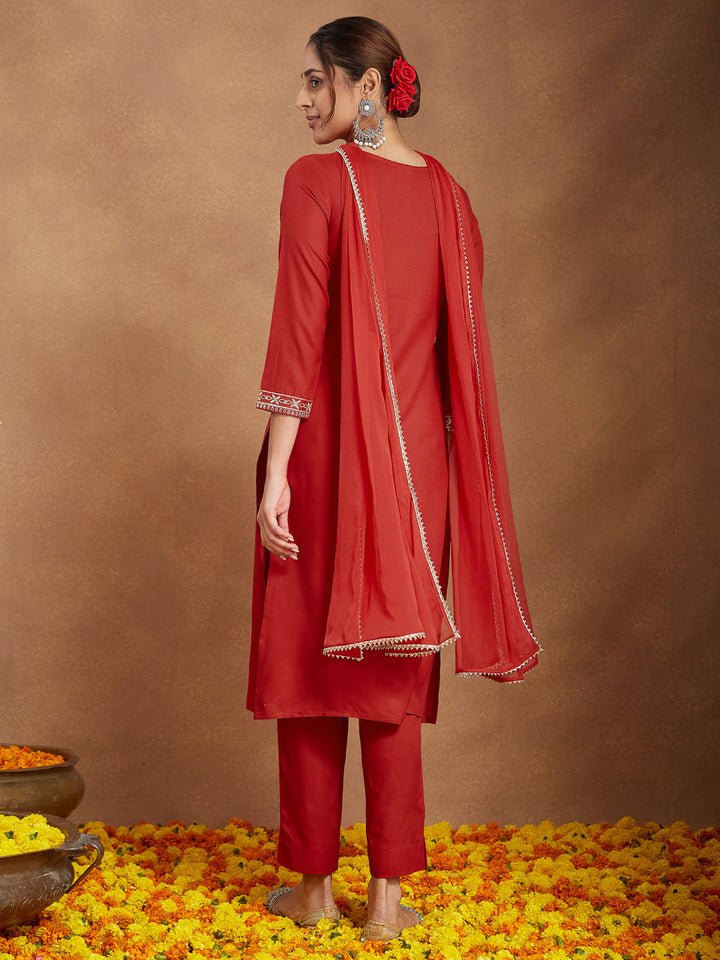 Janasya Women's Red Rayon Yoke Embroidered Straight Kurta Set - qivii