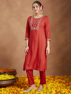 Janasya Women's Red Rayon Yoke Embroidered Straight Kurta Set
