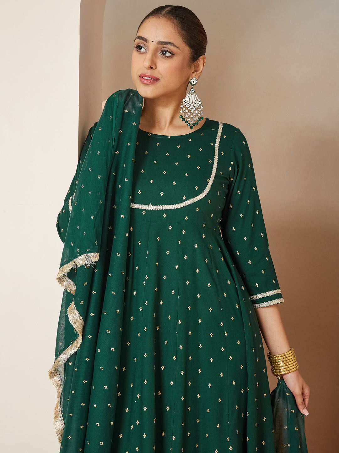 Janasya Women's Dark Green Rayon Gold Printed Anarkali Kurta Set - qivii
