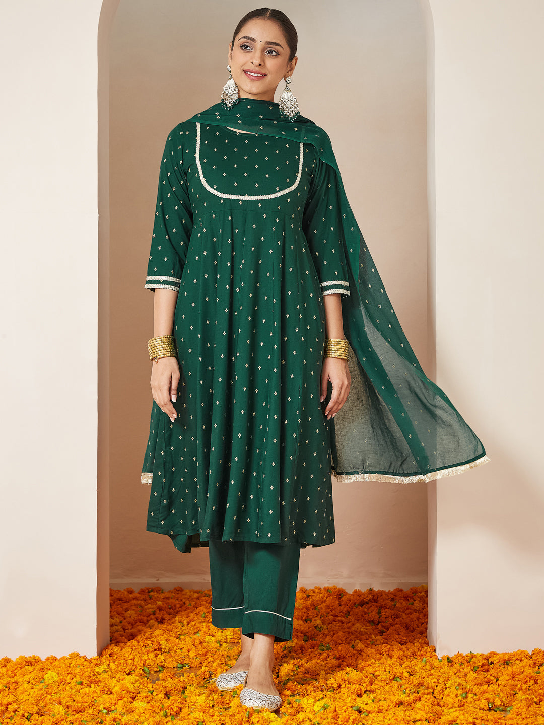 Janasya Women's Dark Green Rayon Gold Printed Anarkali Kurta Set - qivii
