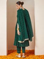 Janasya Women's Dark Green Rayon Gold Printed Anarkali Kurta Set