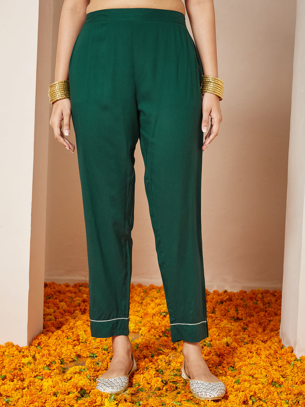 Janasya Women's Dark Green Rayon Gold Printed Anarkali Kurta Set