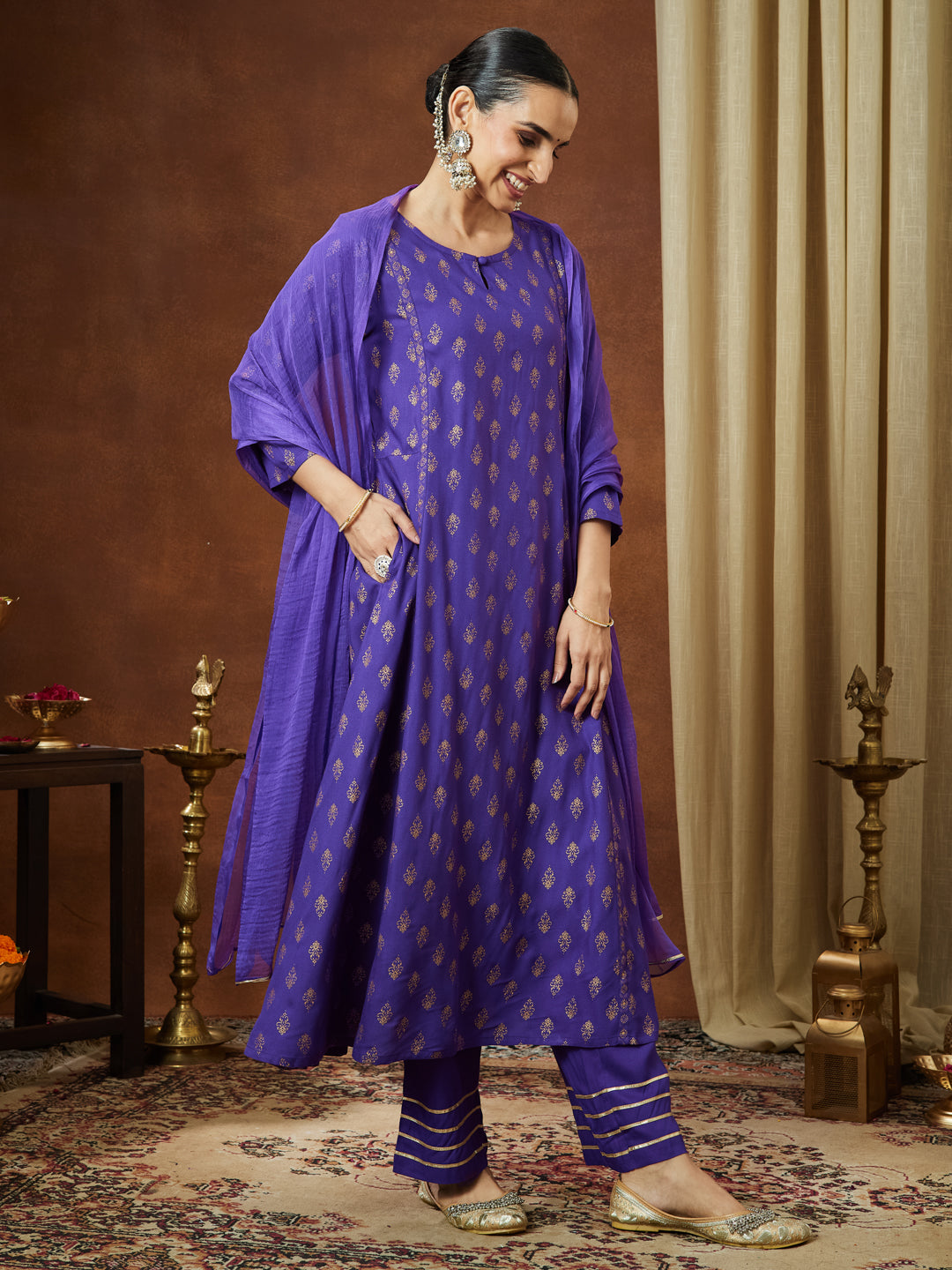 Janasya Women's Purple Rayon Ethnic Motifs Gold Printed A-line Kurta Set