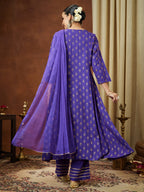 Janasya Women's Purple Rayon Ethnic Motifs Gold Printed A-line Kurta Set