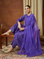 Janasya Women's Purple Rayon Ethnic Motifs Gold Printed A-line Kurta Set