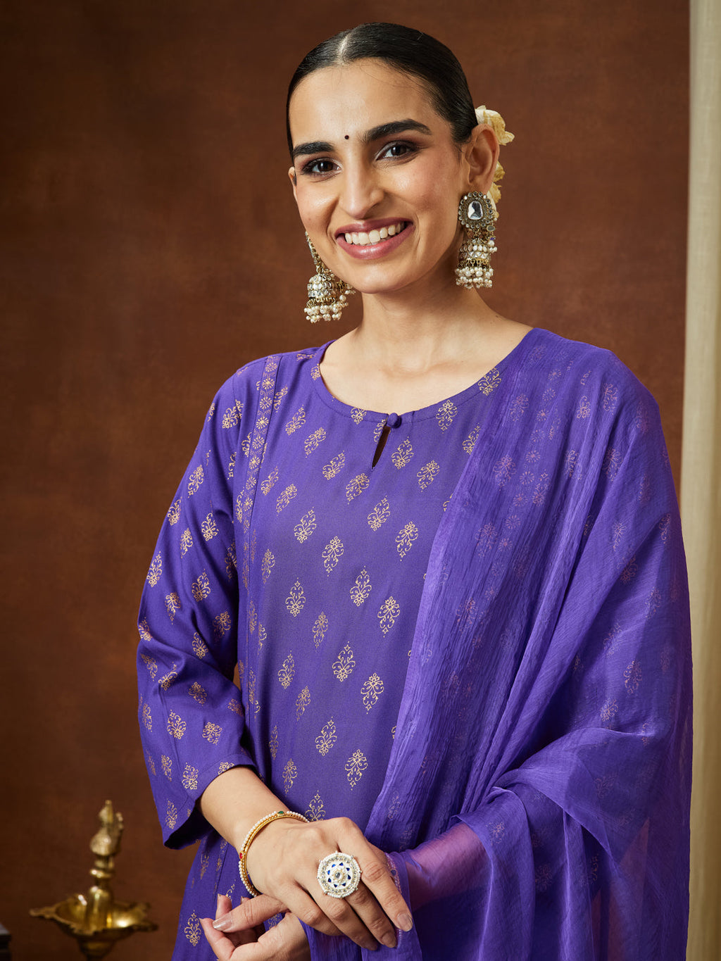 Janasya Women's Purple Rayon Ethnic Motifs Gold Printed A-line Kurta Set