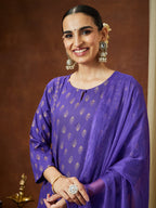 Janasya Women's Purple Rayon Ethnic Motifs Gold Printed A-line Kurta Set