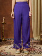 Janasya Women's Purple Rayon Ethnic Motifs Gold Printed A-line Kurta Set