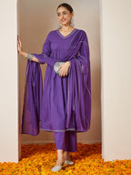 Janasya Women's Purple Pure Cotton Embellished A-line Kurta Set