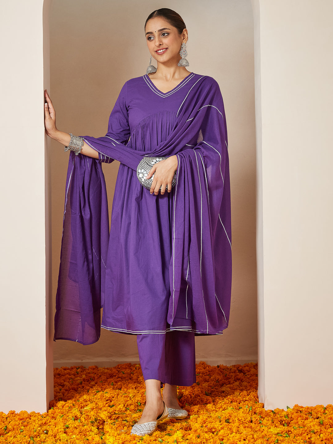 Janasya Women's Purple Pure Cotton Embellished A-line Kurta Set