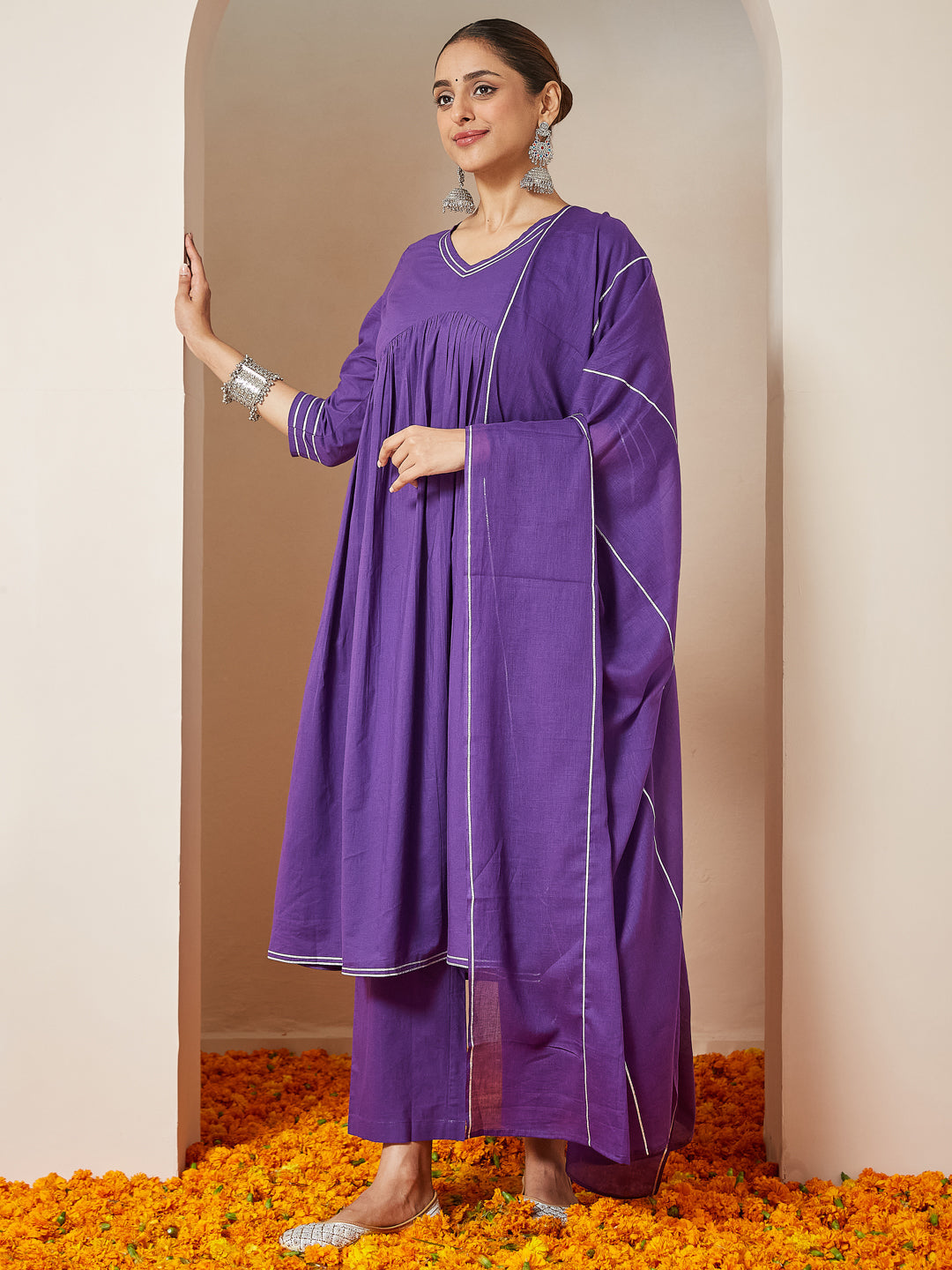 Janasya Women's Purple Pure Cotton Embellished A-line Kurta Set