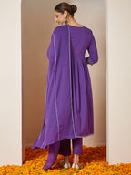 Janasya Women's Purple Pure Cotton Embellished A-line Kurta Set