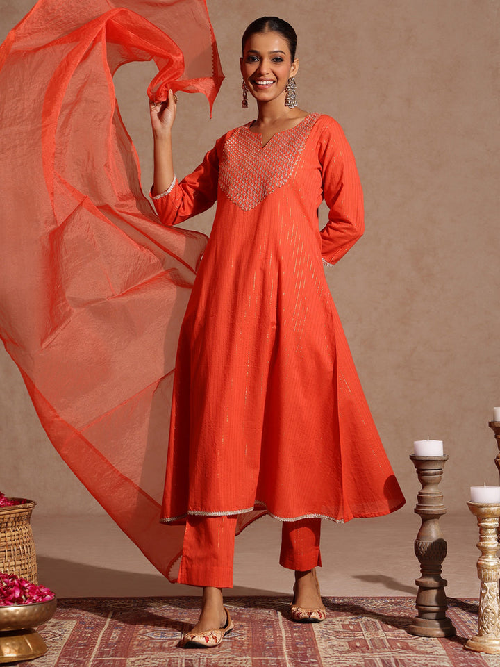Janasya Women's Orange Pure Cotton Yoke Zari Embroidered A-line Kurta Set - qivii