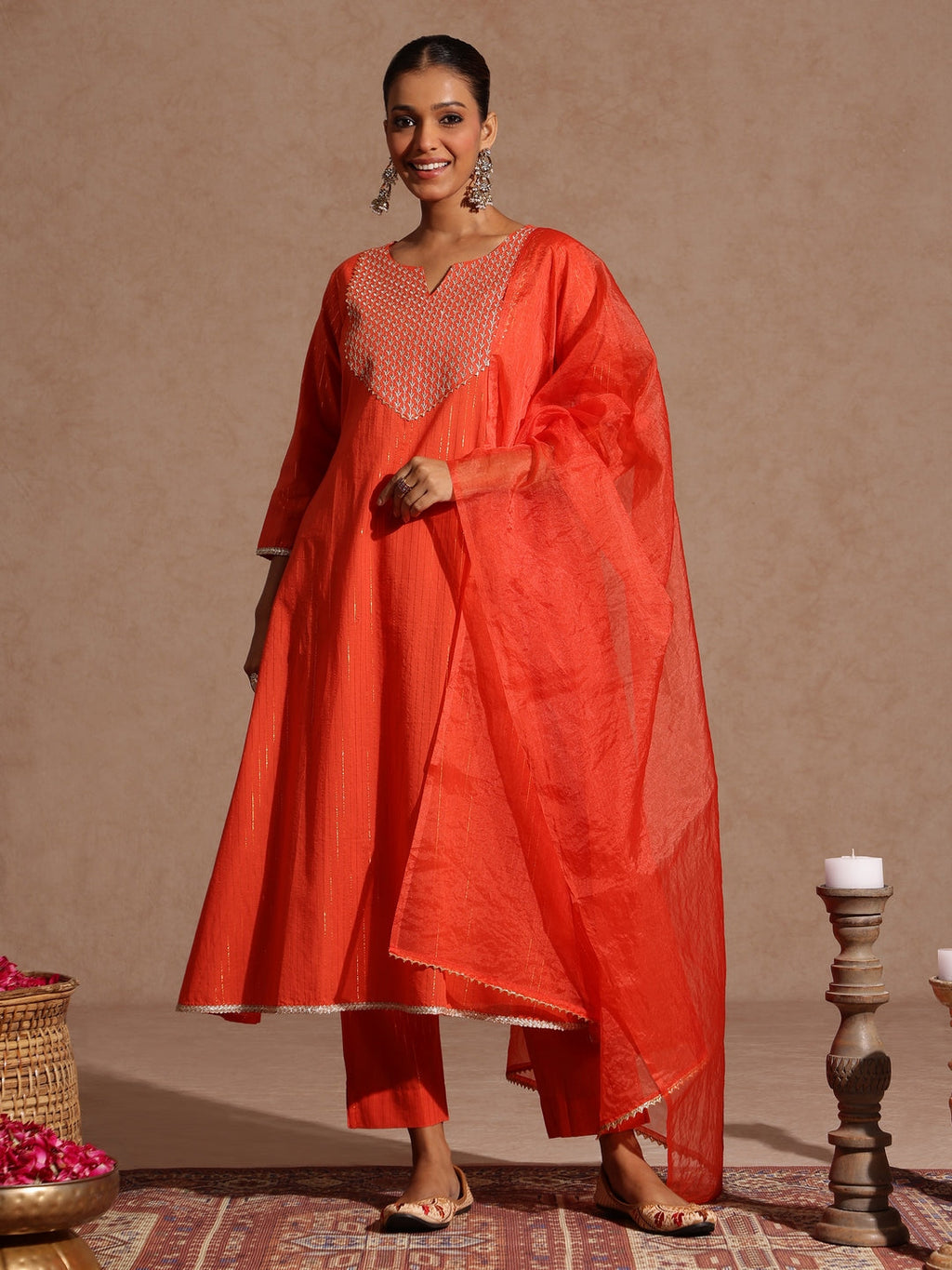 Janasya Women's Orange Pure Cotton Yoke Zari Embroidered A-line Kurta Set