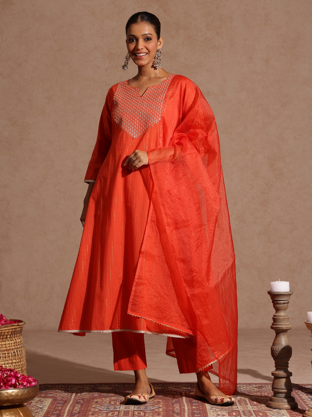Janasya Women's Orange Pure Cotton Yoke Zari Embroidered A-line Kurta Set
