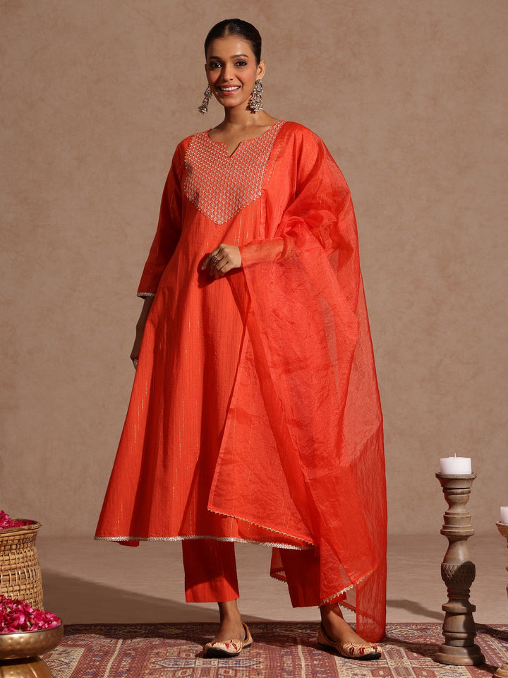Janasya Women's Orange Pure Cotton Yoke Zari Embroidered A-line Kurta Set - qivii