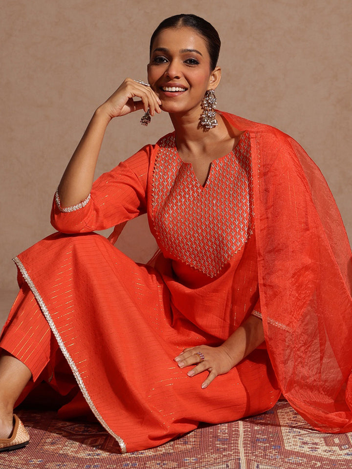 Janasya Women's Orange Pure Cotton Yoke Zari Embroidered A-line Kurta Set - qivii