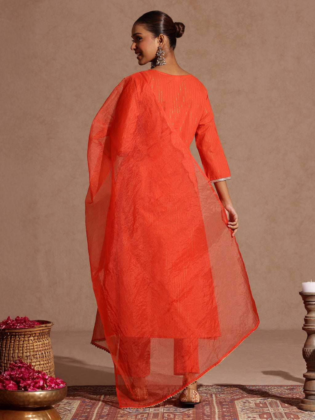Janasya Women's Orange Pure Cotton Yoke Zari Embroidered A-line Kurta Set