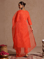 Janasya Women's Orange Pure Cotton Yoke Zari Embroidered A-line Kurta Set