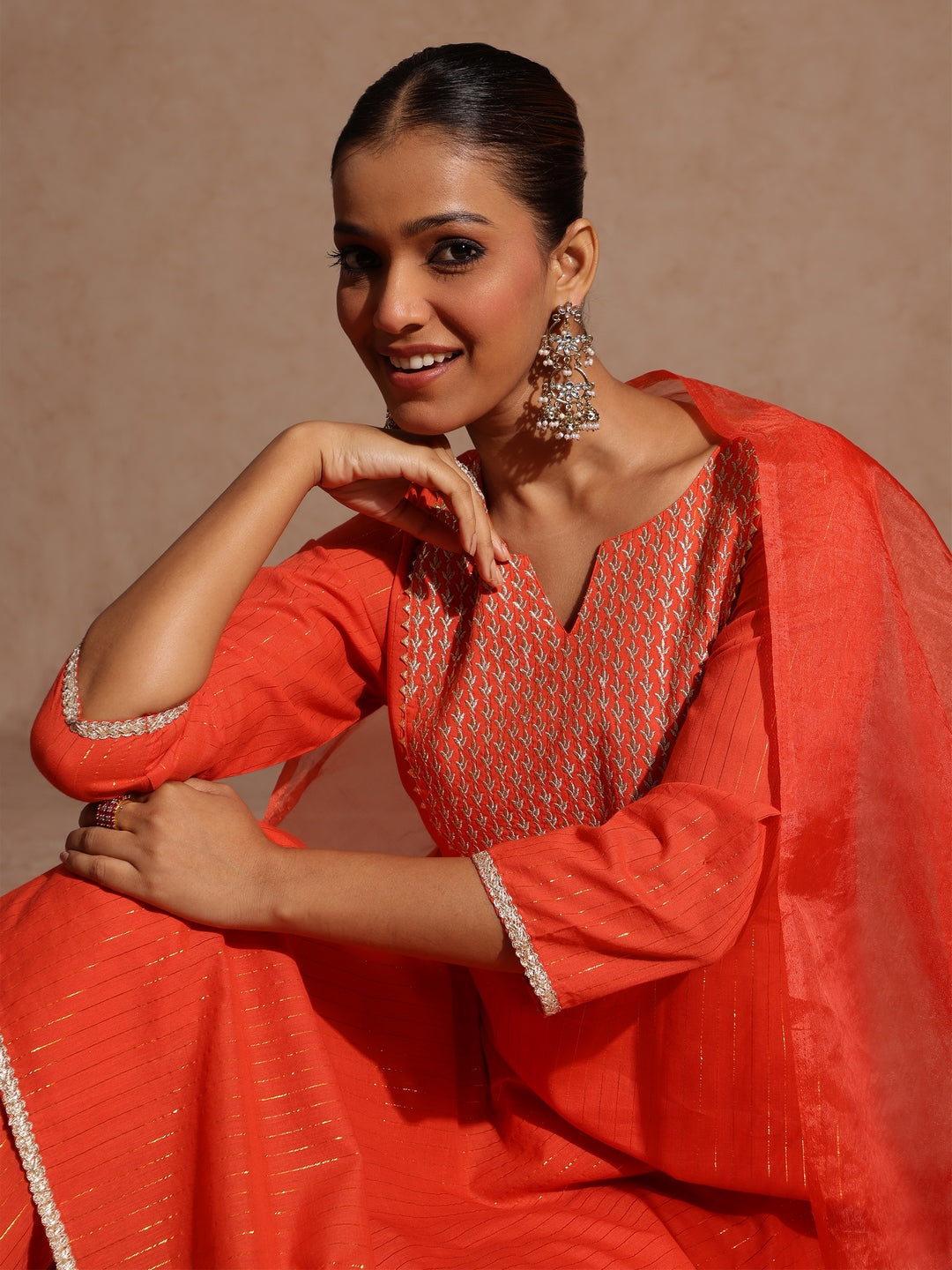 Janasya Women's Orange Pure Cotton Yoke Zari Embroidered A-line Kurta Set - qivii