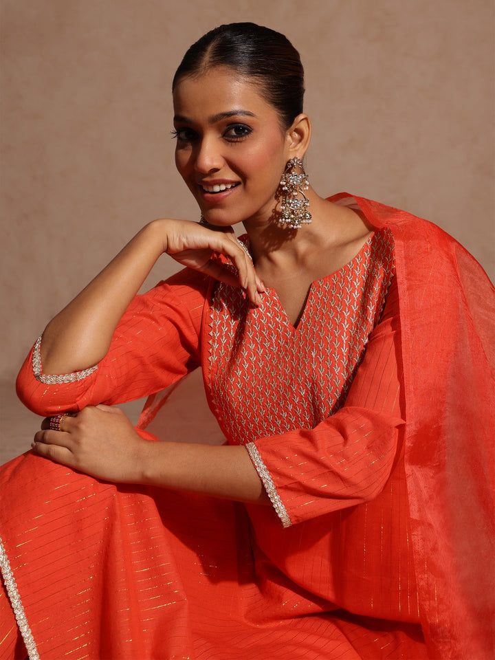 Janasya Women's Orange Pure Cotton Yoke Zari Embroidered A-line Kurta Set - qivii