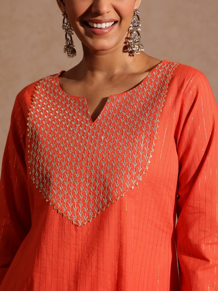 Janasya Women's Orange Pure Cotton Yoke Zari Embroidered A-line Kurta Set - qivii
