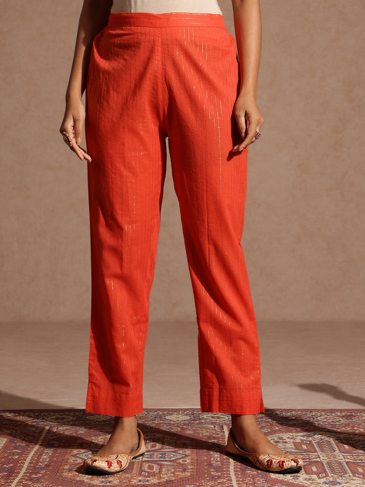 Janasya Women's Orange Pure Cotton Yoke Zari Embroidered A-line Kurta Set - qivii