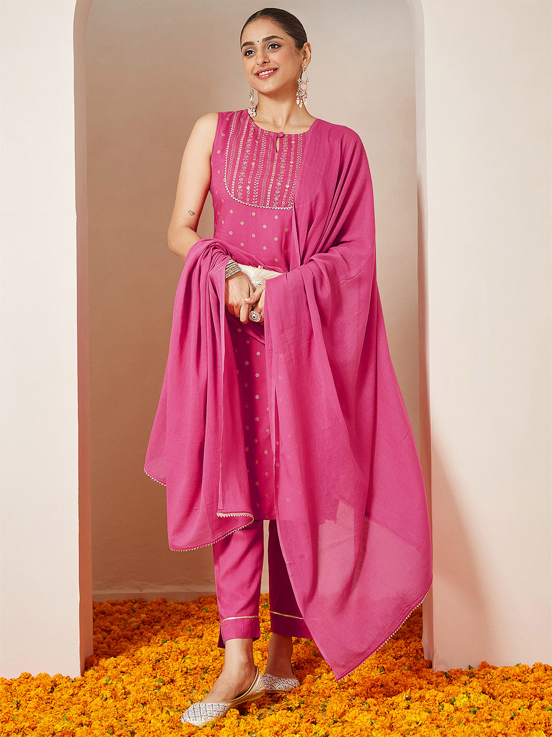 Janasya Women's Pink Rayon Gold Printed Straight Kurta Set