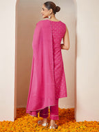 Janasya Women's Pink Rayon Gold Printed Straight Kurta Set