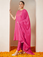 Janasya Women's Pink Rayon Gold Printed Straight Kurta Set