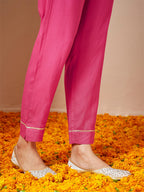 Janasya Women's Pink Rayon Gold Printed Straight Kurta Set