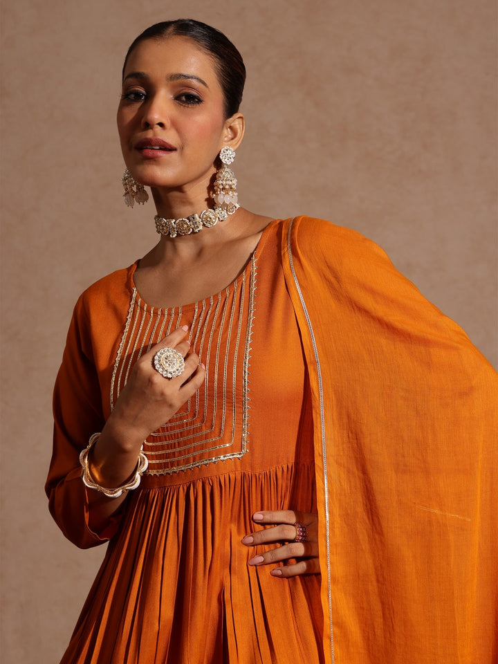 Janasya Women's Mustard Rayon Yoke Design A-line Kurta Set - qivii