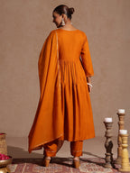 Janasya Women's Mustard Rayon Yoke Design A-line Kurta Set