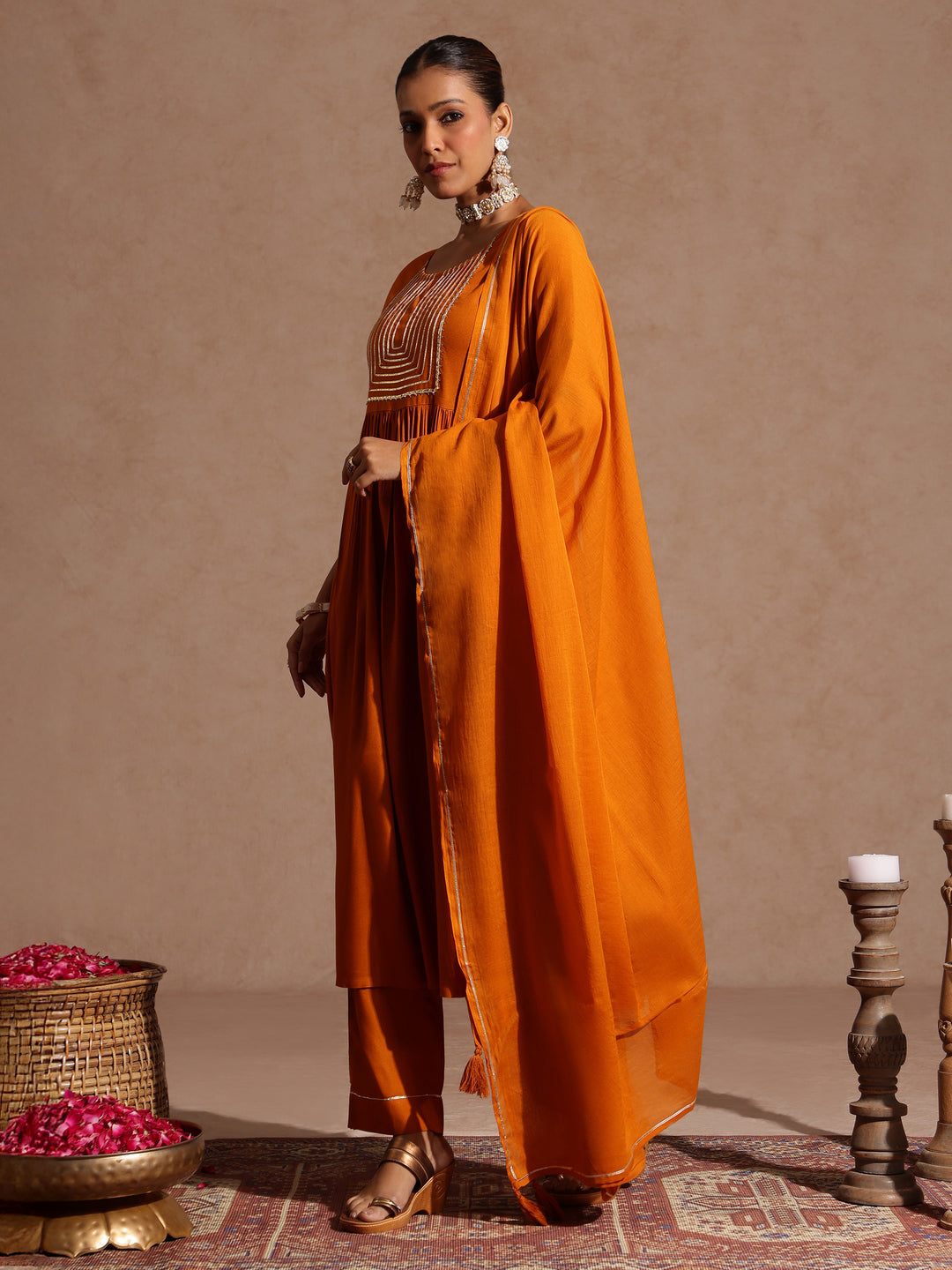 Janasya Women's Mustard Rayon Yoke Design A-line Kurta Set - qivii