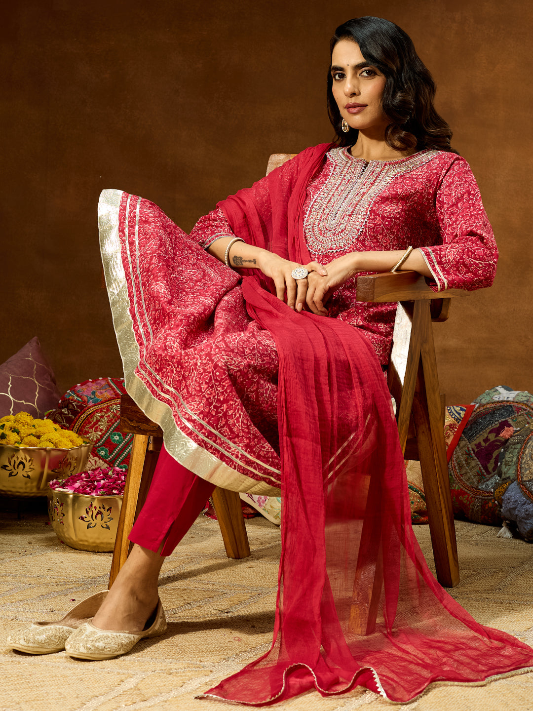 Janasya Women's Maroon Pure Cotton Floral Printed Yoke Embroidered Anarkali Kurta Set