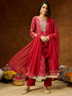 Janasya Women's Maroon Pure Cotton Floral Printed Yoke Embroidered Anarkali Kurta Set