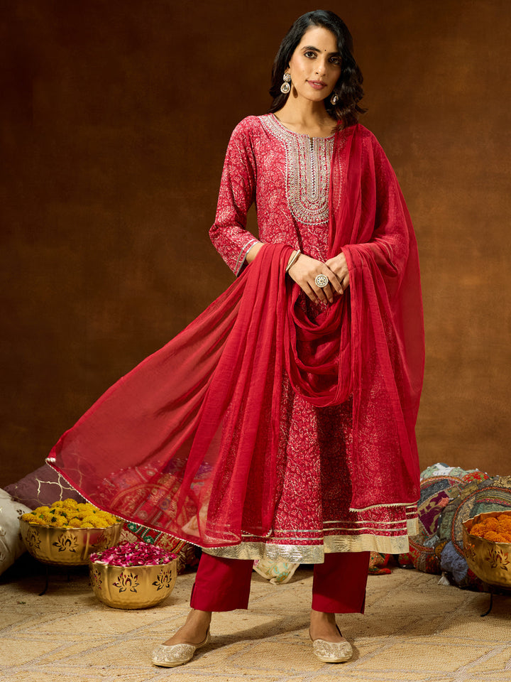 Janasya Women's Maroon Pure Cotton Floral Printed Yoke Embroidered Anarkali Kurta Set - qivii