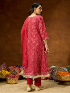 Janasya Women's Maroon Pure Cotton Floral Printed Yoke Embroidered Anarkali Kurta Set