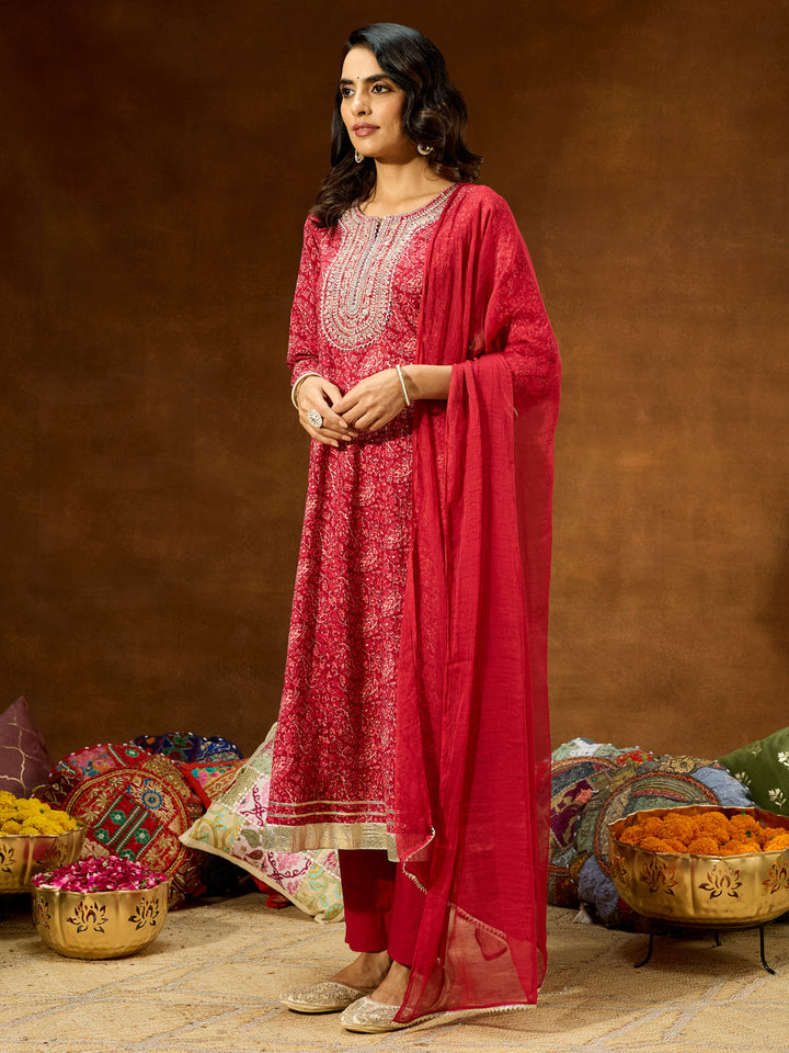 Janasya Women's Maroon Pure Cotton Floral Printed Yoke Embroidered Anarkali Kurta Set - qivii