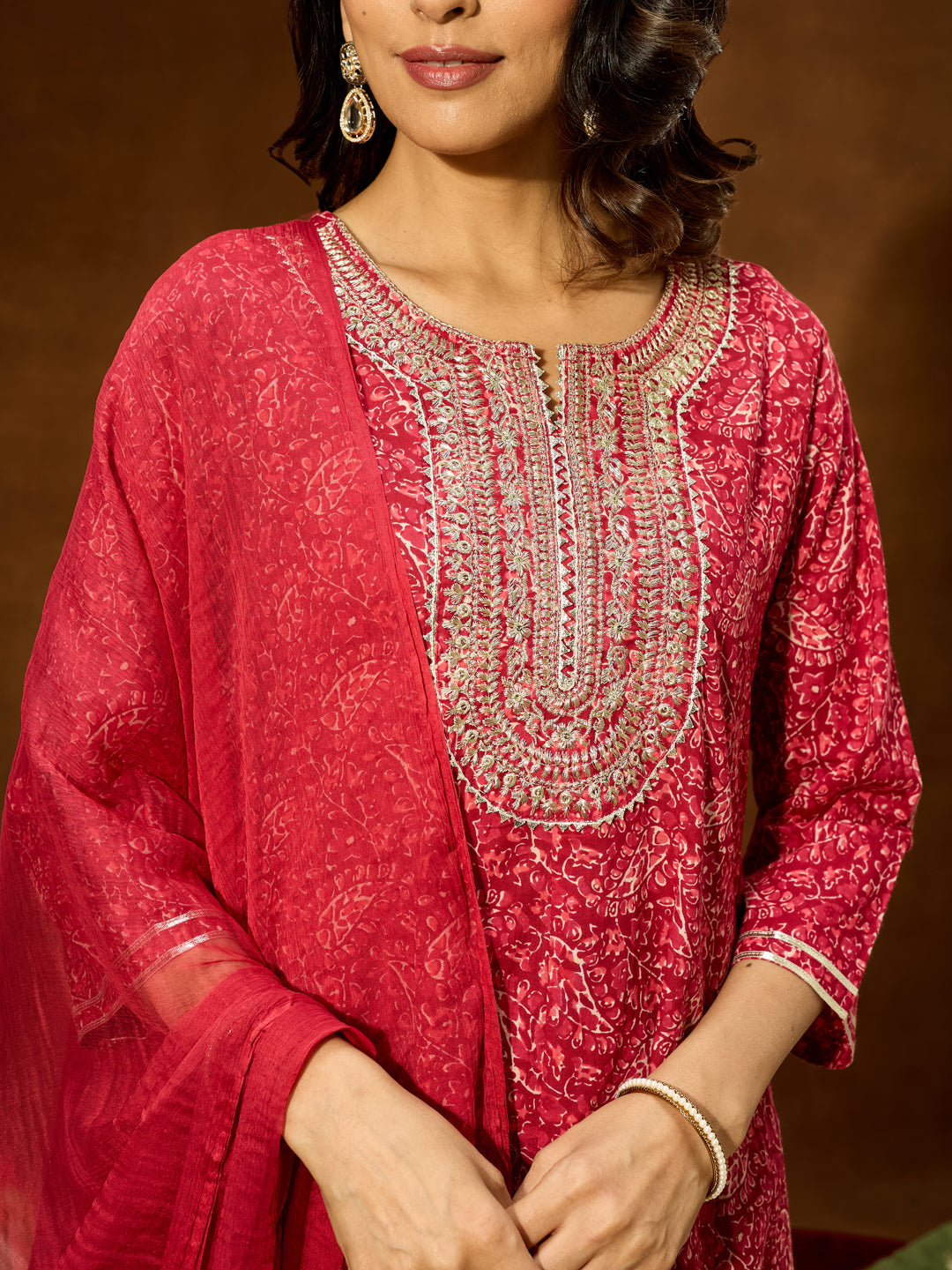 Janasya Women's Maroon Pure Cotton Floral Printed Yoke Embroidered Anarkali Kurta Set - qivii