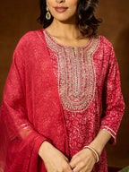 Janasya Women's Maroon Pure Cotton Floral Printed Yoke Embroidered Anarkali Kurta Set